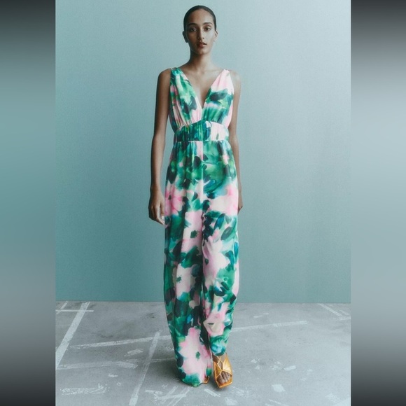 Zara Green & Pink Watercolor Floral Print Wide Leg Jumpsuit Size XS - Picture 4 of 9